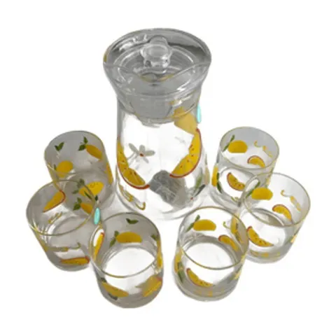 Wasserkrug Glas 1,3 L mit Deckel + 6 Trinkbecher 260 ml Set Zitronen-Motiv