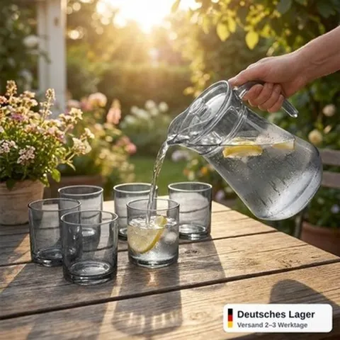 Wasserkrug Set 1,5L + 6 Gläser Kunststoff BPA-frei Kanne Geschirr Garten