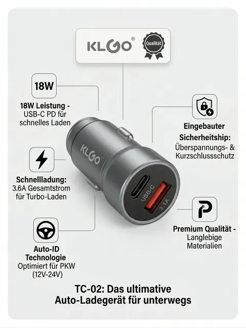 KLGO TC-02 Auto Ladegerät 18W USB-C PD + USB-A 3.1A KFZ Schnellladegerät 12V 24V