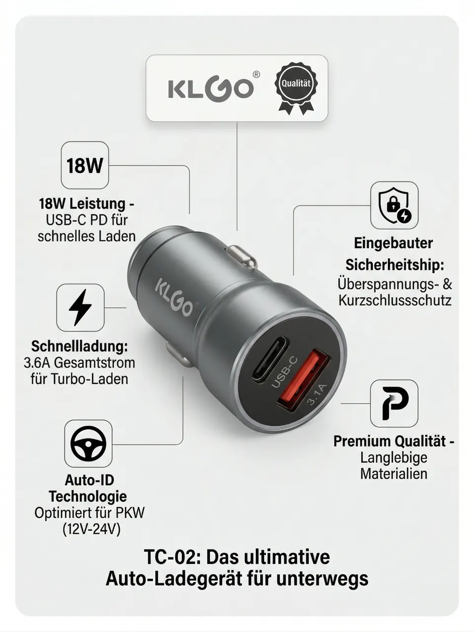 KLGO TC-02 Auto Ladegerät 18W USB-C PD + USB-A 3.1A KFZ Schnellladegerät 12V 24V