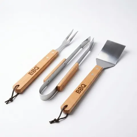 Xani Grillbesteck 3-teilig Edelstahl Holzgriff BBQ Set Zange Gabel Wender
