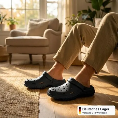 Clogs Hausschuhe Xani Herren Schwarz Beige Weiß Gr. 40-45 EVA rutschfeste Sohle