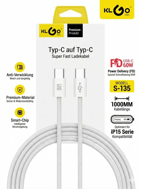 KLGO 60W USB-C auf USB-C Kabel 1m Weiß Nylon Ladekabel Datenkabel Schnellladen
