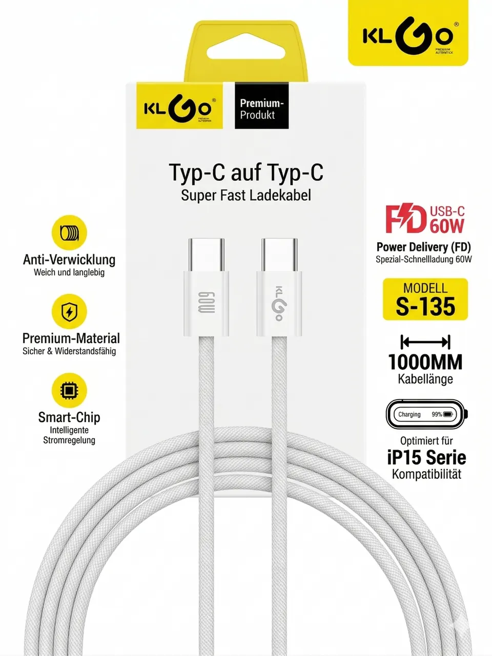 KLGO 60W USB-C auf USB-C Kabel 1m Weiß Nylon Ladekabel Datenkabel Schnellladen