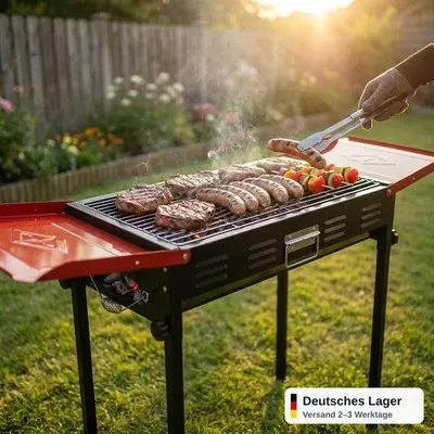 Holzkohlegrill Standgrill 120x31x65 cm Schwenkgrill BBQ Garten Camping rot