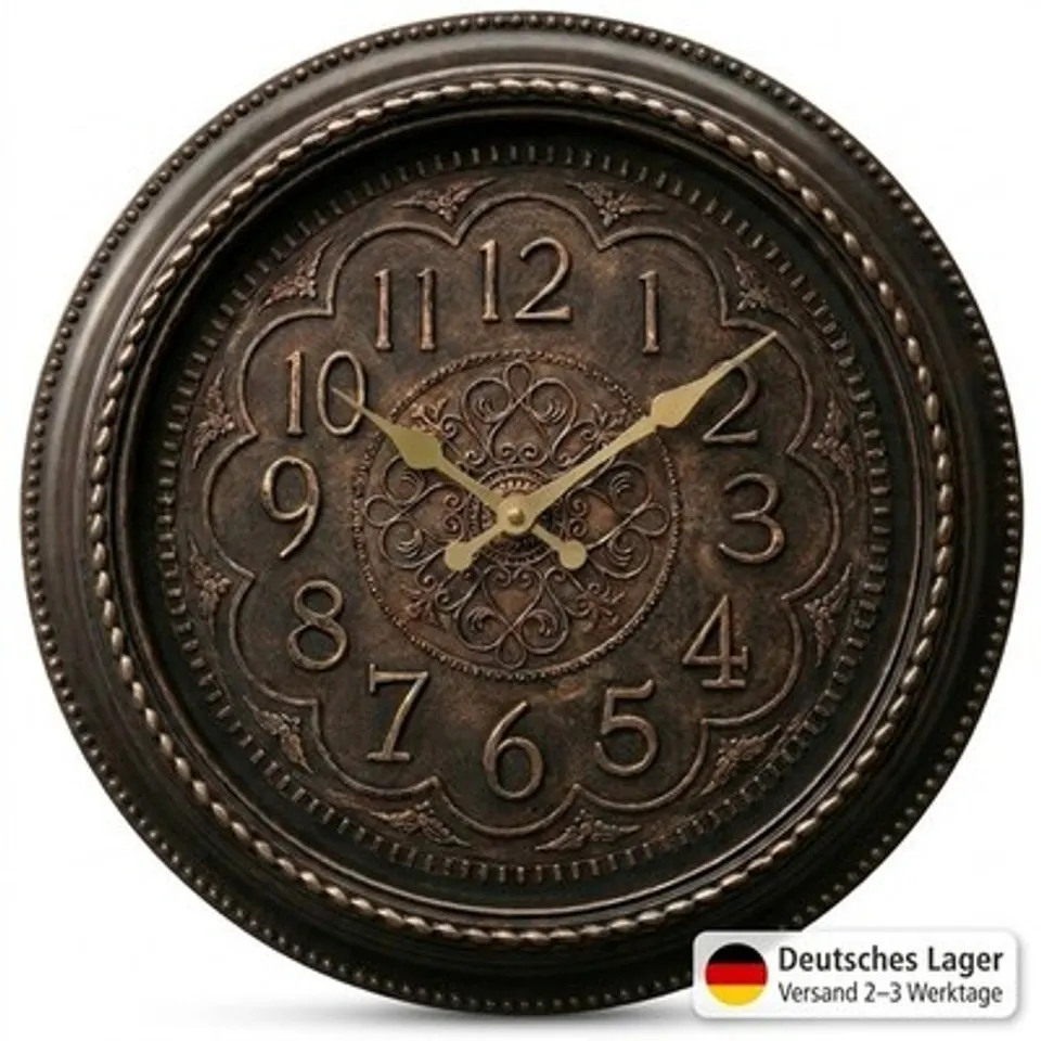 Vintage Wanduhr 35cm Bronze Antik Barock Wohnzimmer Leise Schleichend Quarz