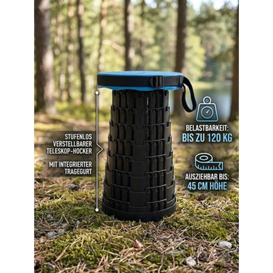 Teleskop-Hocker faltbar bis 120 kg höhenverstellbar Klapphocker Camping Blau