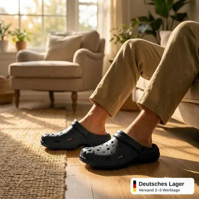 Clogs Hausschuhe Xani Schwarz Beige Weiß Gr. 40-45 EVA leicht rutschfeste Sohle