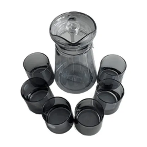 Wasserkrug Glas 1,3 L mit Deckel + 6 Trinkbecher 260 ml Set grau getönt