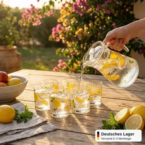 Wasserkrug 1,5L + 6 Gläser 250ml Set BPA-frei bruchsicher Garten Picknick