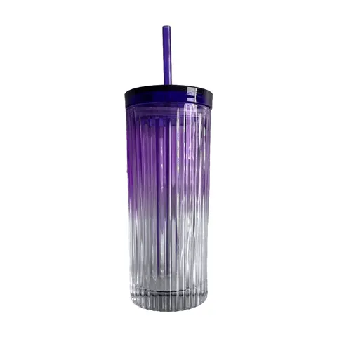 Trinkglas mit Deckel und Strohhalm 470 ml Glas gerippt Lila Farbverlauf Xuhong