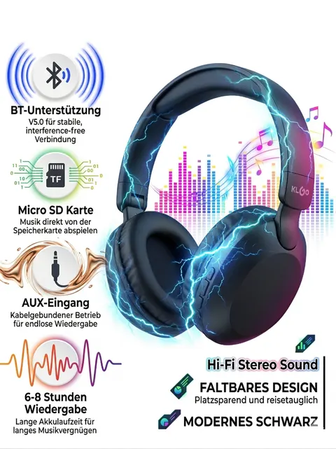 KLGO B22 Over-Ear Kopfhörer Bluetooth 5.0 kabellos faltbar Micro SD AUX 8h Akku