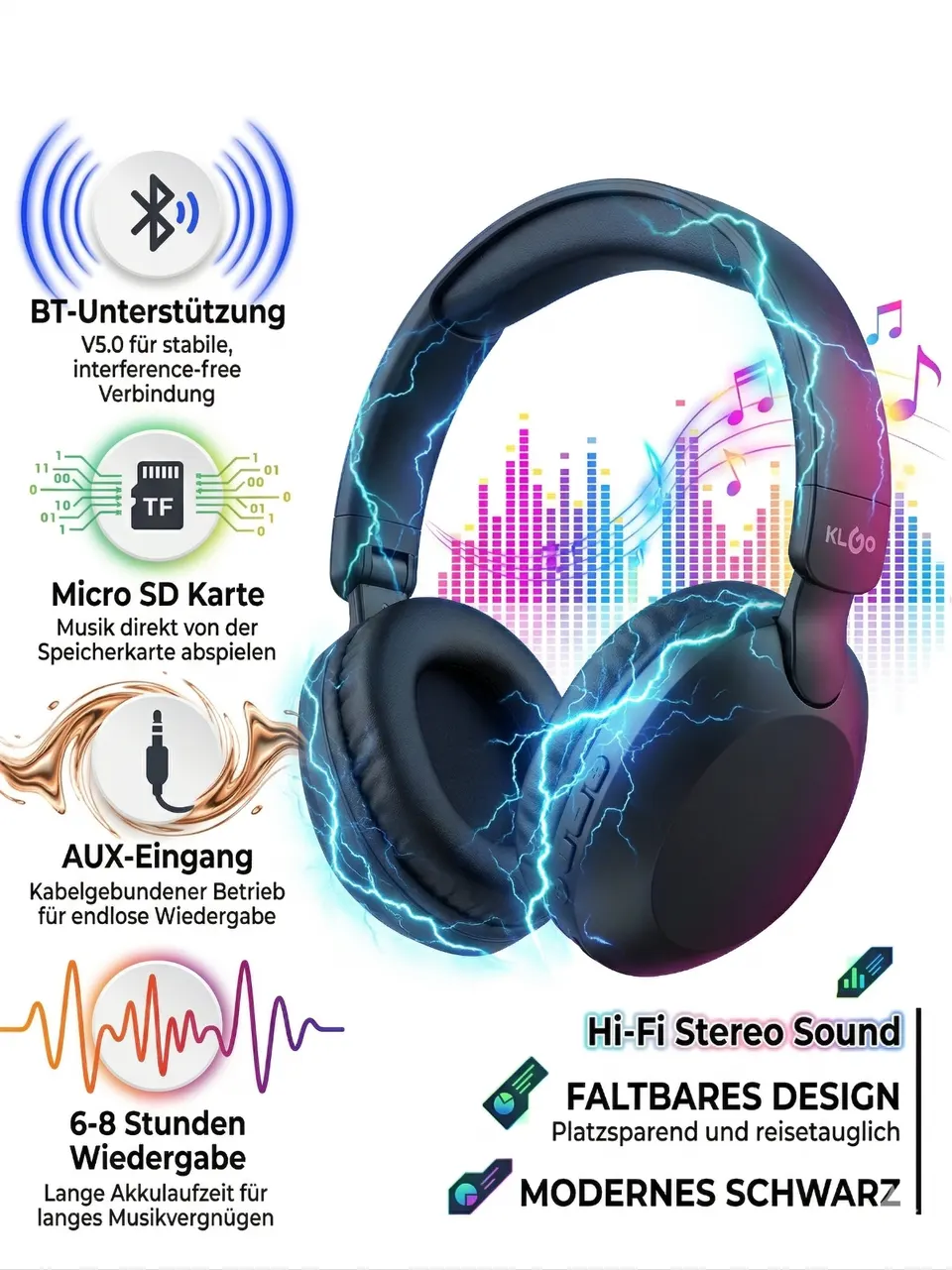 KLGO B22 Over-Ear Kopfhörer Bluetooth 5.0 kabellos faltbar Micro SD AUX 8h Akku