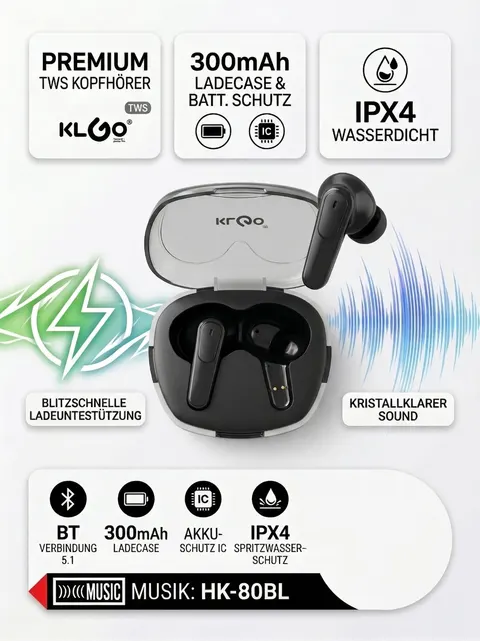 KLGO TWS Bluetooth 5.3 In-Ear Kopfhörer LED Gaming IPX4 bis 25h Akku